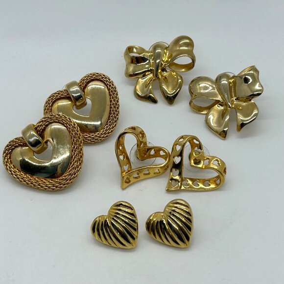 Vintage Gold-Tone Heart & Bow Pierced Earrings Set Statement Vintage - Picture 2 of 11